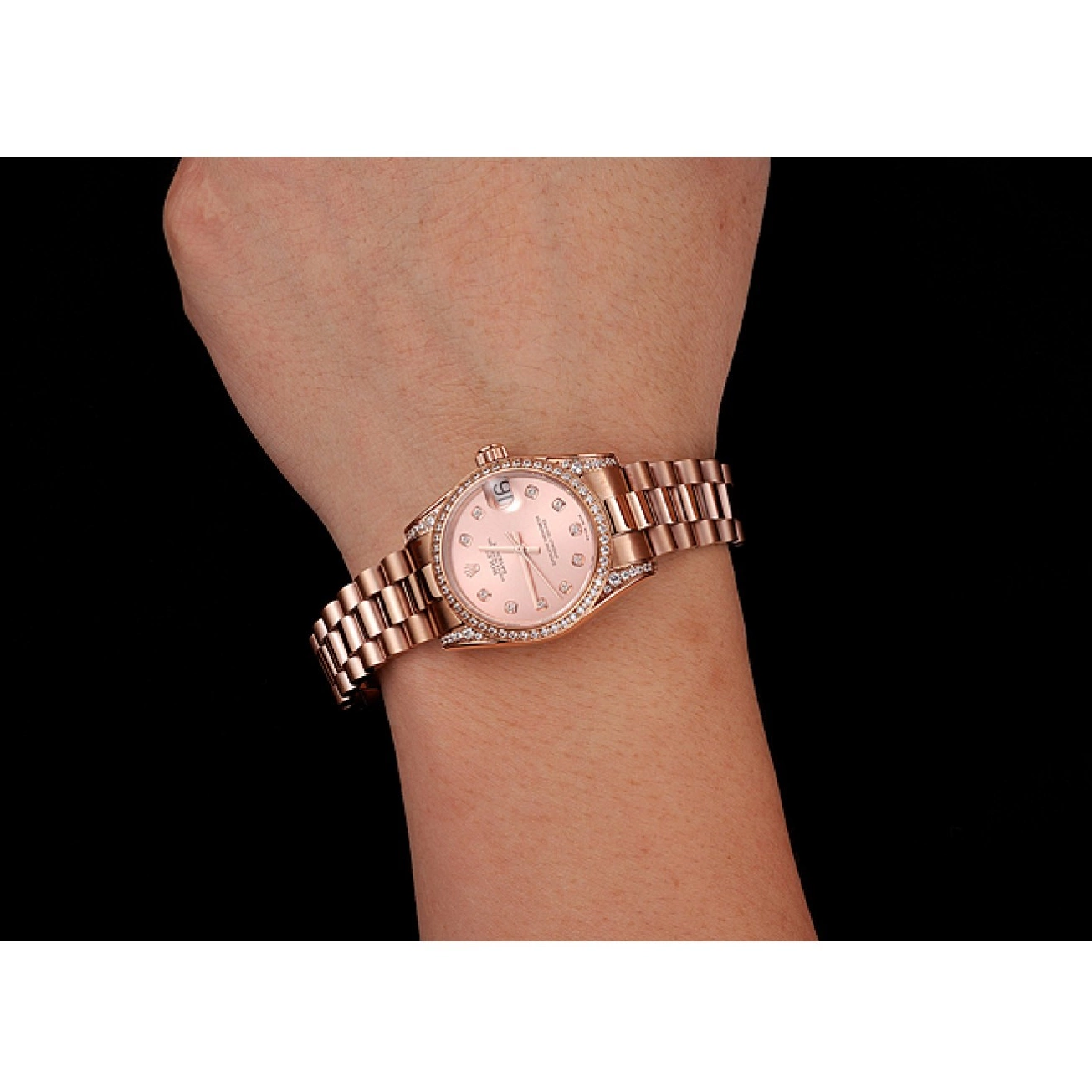 Best AAA Replica Sites Diamond Bracelet Gold Rose 1453977 Dial Rolex DateJust Rose Swiss Gold Case 0805